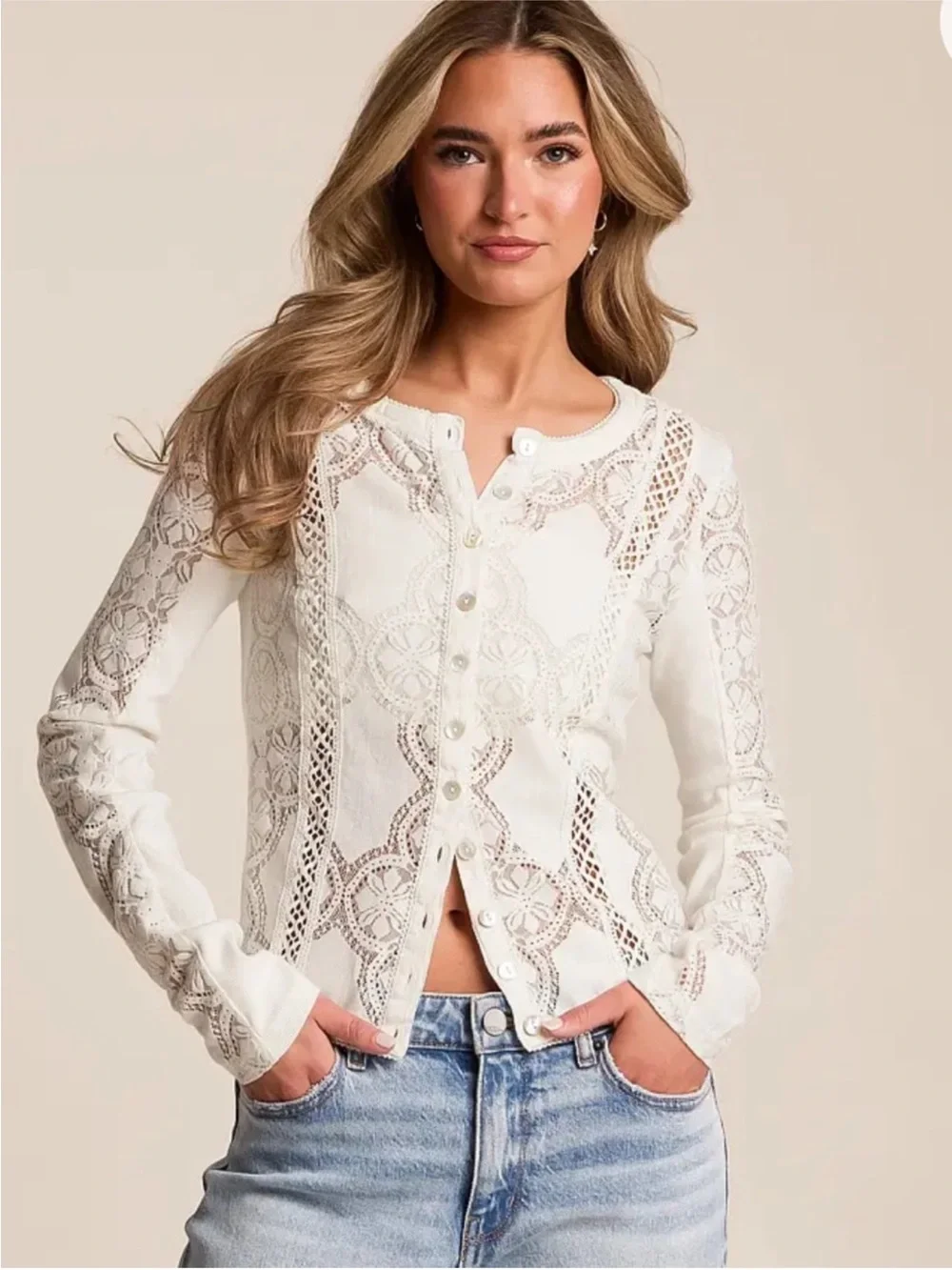 Free People Ivory Lace-Panel Button Down Top